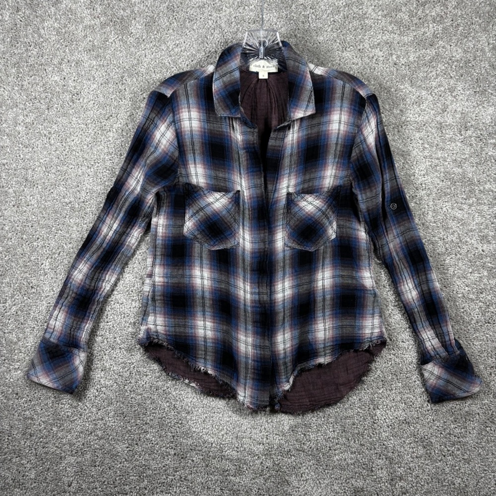 Cloth & Stone Blue Plaid Raw Hem Button Down Shirt Small C2195-668-702